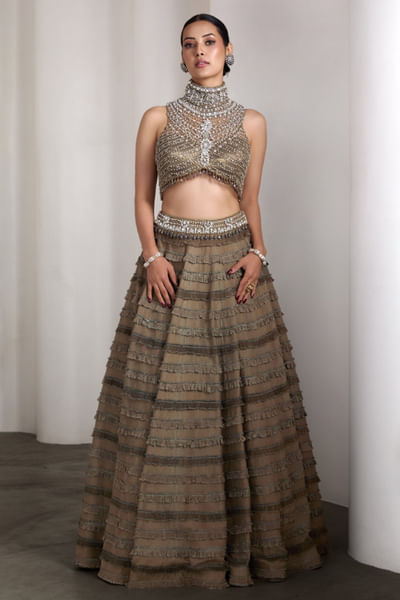 Olive embroidered ruffle lehenga set