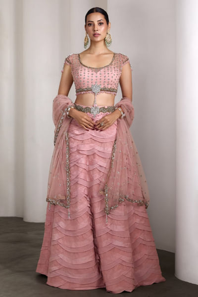 Pink embroidered ruffle lehenga set