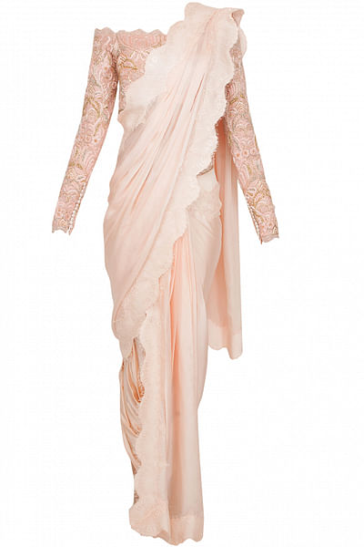 Pink off-shoulder blouse with lungi sari