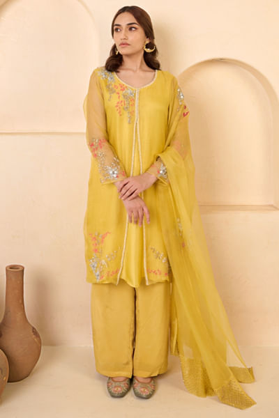 Yellow floral hand embroidered kurta set