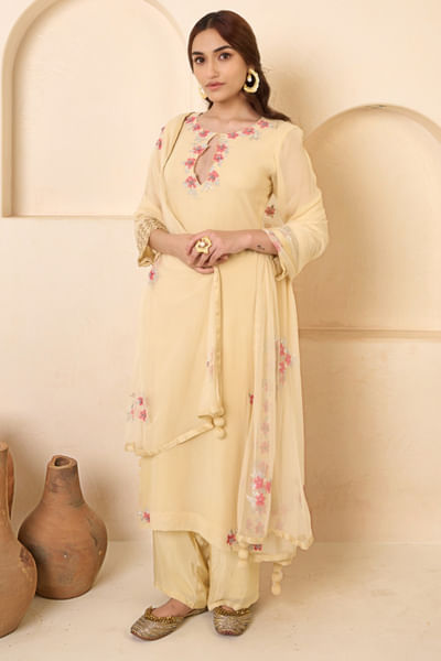 Light yellow floral hand embroidered kurta set