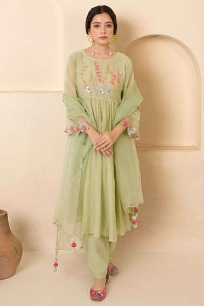 Mint green floral hand embroidered kurta set