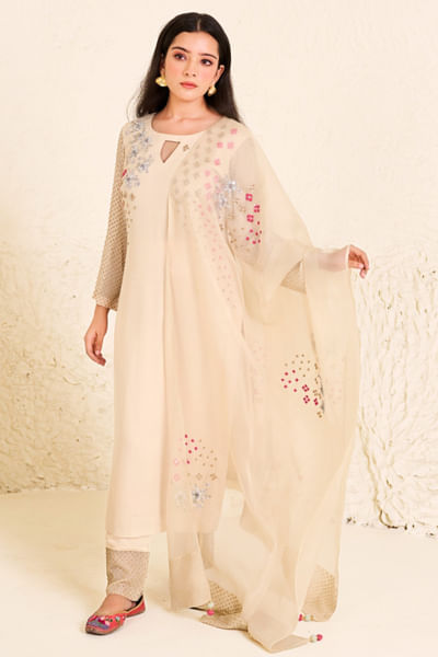 Beige floral hand embroidered kurta set
