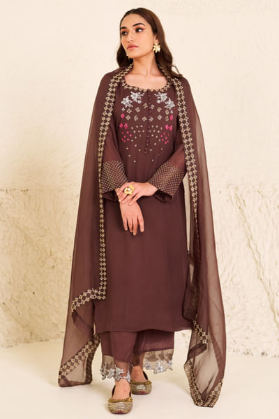 Brown floral hand embroidered kurta set