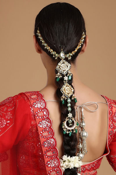 Green kundan pearl braid ornament