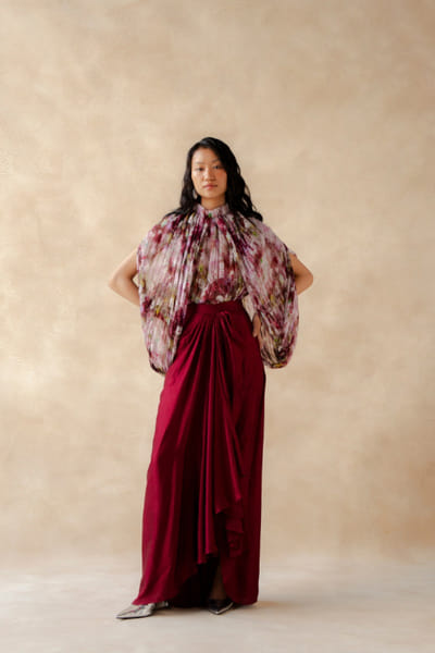 Richa Khemka Wine pleated drape skirt set RICHJUL26D149149
