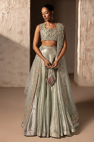 Aneeka Ruknuddin Silver and mint zardozi embroidery lehenga set ANEEAUG26D152567