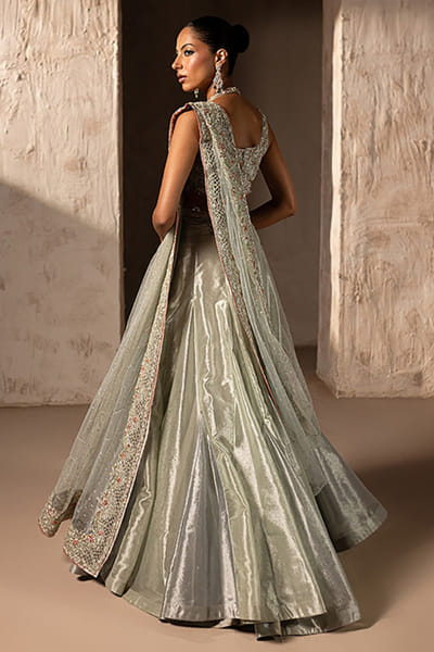 Aneeka Ruknuddin Silver and mint zardozi embroidery lehenga set ANEEAUG26D152567