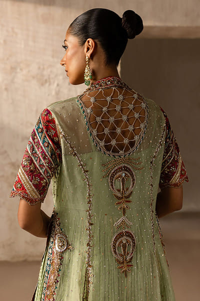 Aneeka Ruknuddin Light green patchwork pishwas kurta set ANEEAUG26D152565