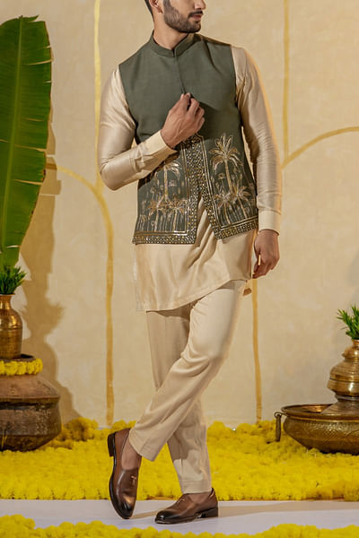 Dark dusty green dabka embroidered bandi