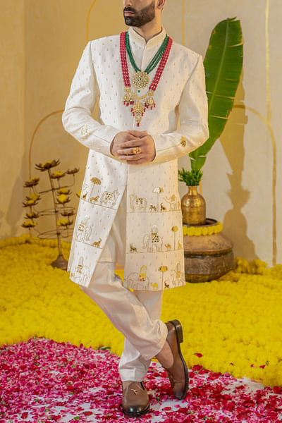 Ivory dabka embroidered sherwani set