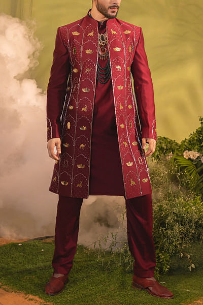 Deep cherry embellished sherwani set