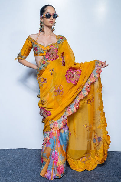 Marigold yellow floral printed sari set