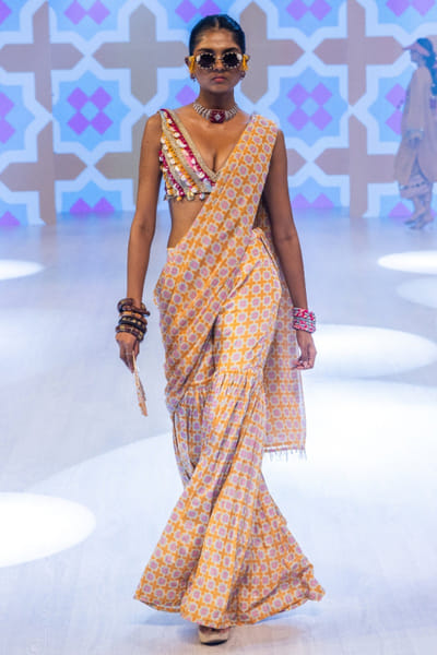 Marigold yellow draped gharara sari set