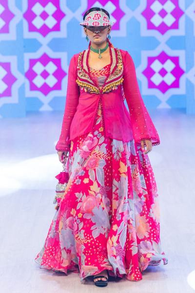 Fuchsia pink floral printed skirt set