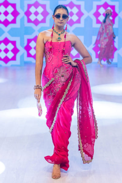 Fuchsia pink embroidered pre-draped sari set