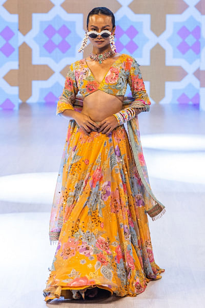 Marigold yellow floral printed lehenga set