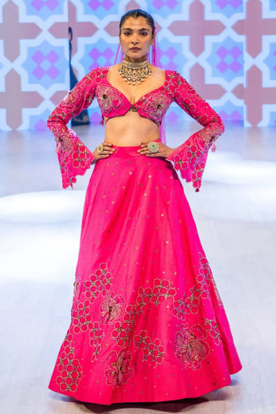 Fuchsia pink embroidered lehenga set