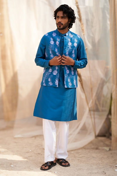 Deep blue leaf printed jacket set