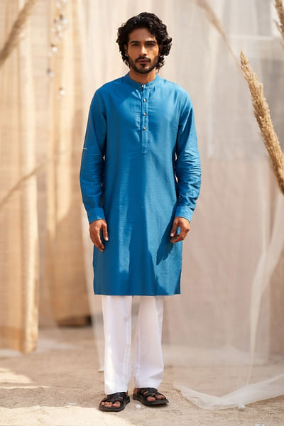 Deep blue cotton satin kurta set