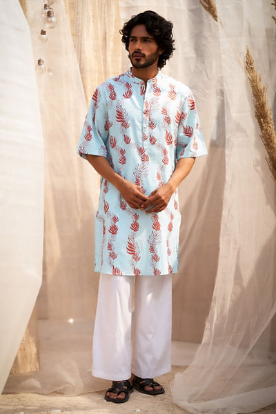 Light blue leaf printed kurta and pant
