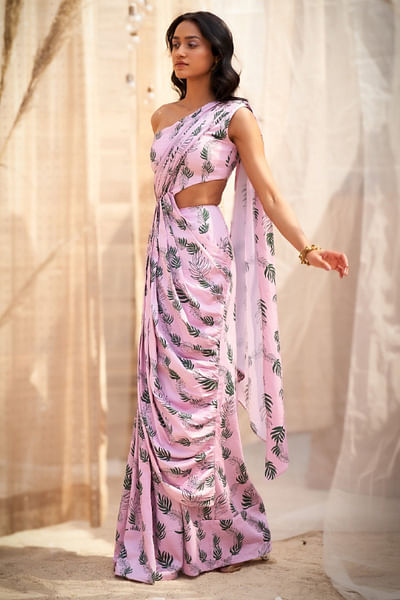 Pink leaf printed draped sari dress