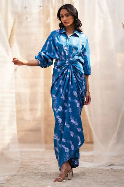 Deep blue leaf printed draped skirt dress