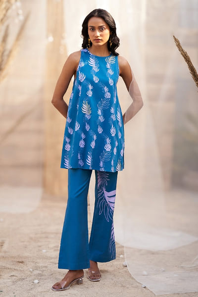 Deep blue leaf printed co-ords