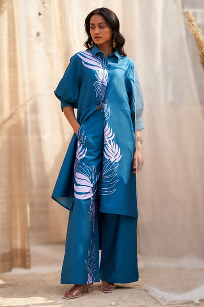Deep blue leaf printed kurta and pant
