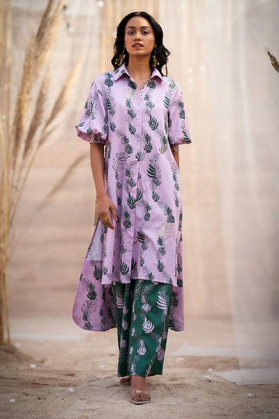 Pink leaf printed kurta and pants