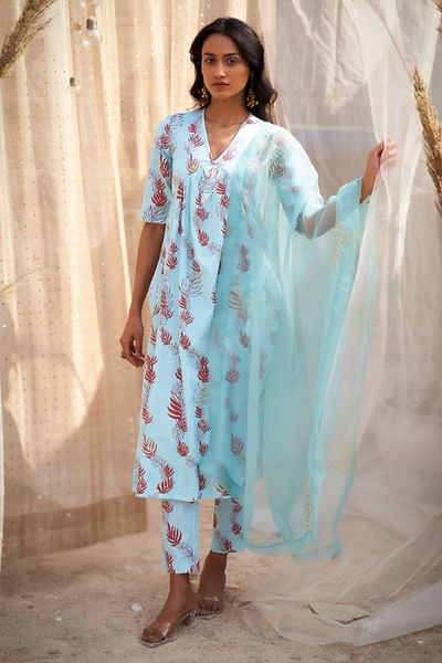 Light blue leaf printed kurta set