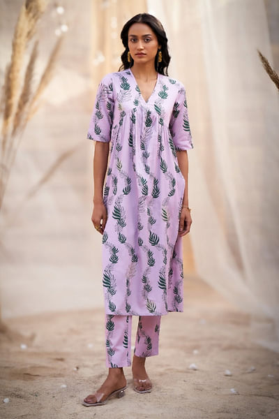 Pink leaf printed kurta set