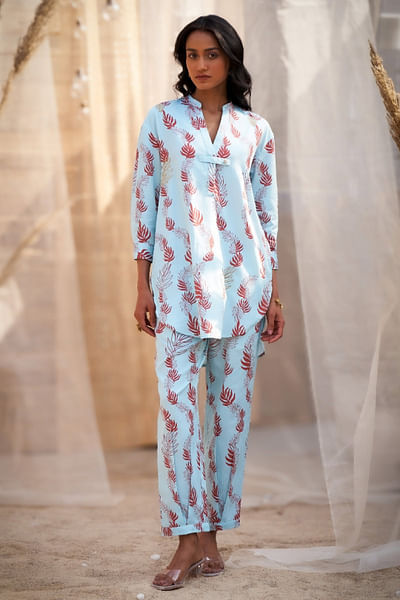 Light blue leaf printed co-ords