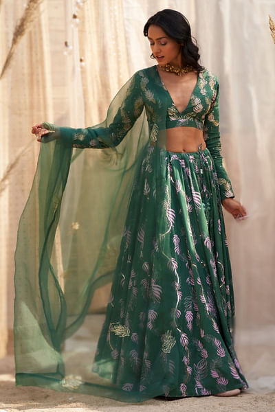 Green sequin embroidered lehenga set