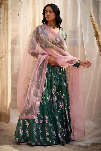 Green leaf printed lehenga set