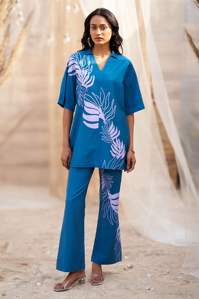Deep blue leaf printed top and pants