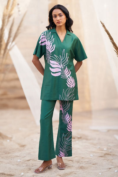 Green leaf printed top and pants