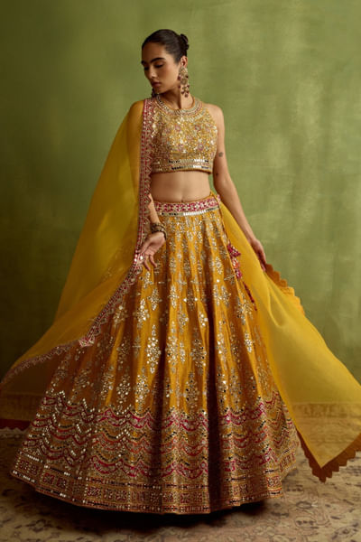 Yellow patchwork embroidered lehenga set