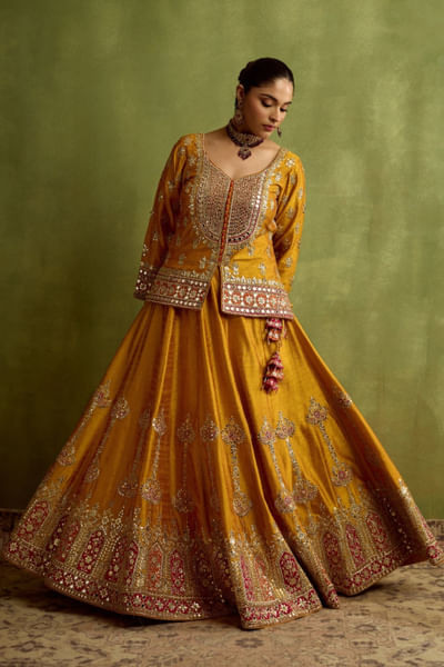 Yellow patchwork kurta lehenga set