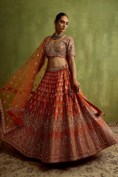 Orange mirror embroidered lehenga set