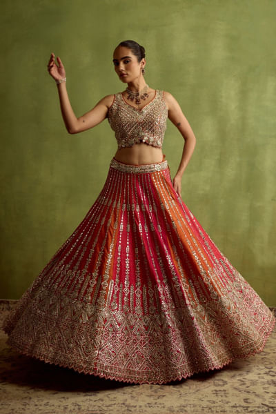 Orange mirror embellished lehenga set