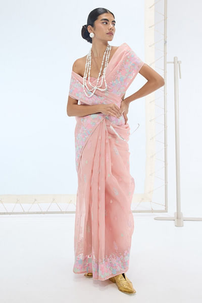 Peach kadhwa banarasi woven sari set