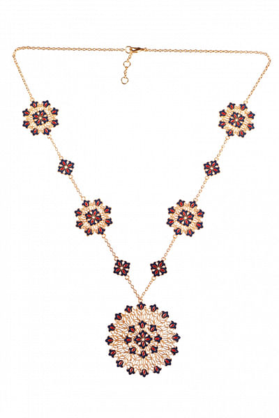 Red and deep blue floral medallion necklace