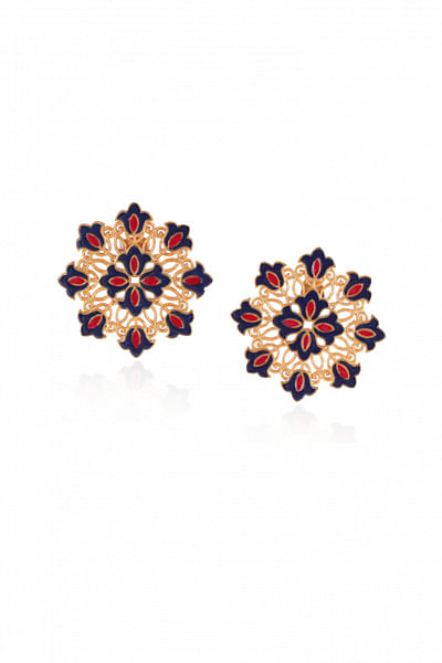 Red and blue floral stud earrings