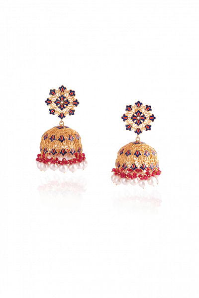 Red and blue floral jhumkis