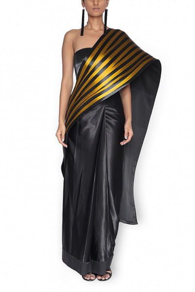 Black and golden metallic striped sari