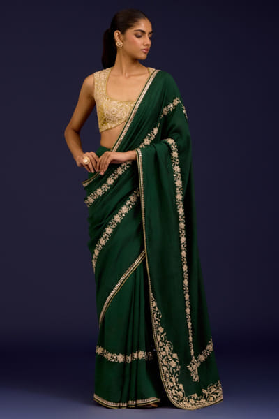Devnaagri Green dori and sequin embroidered sari set DEVDEC25D234569
