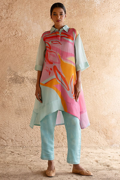 Aqua blue abstract printed tunic set