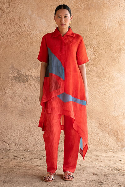 Red printed asymmetrical tunic set