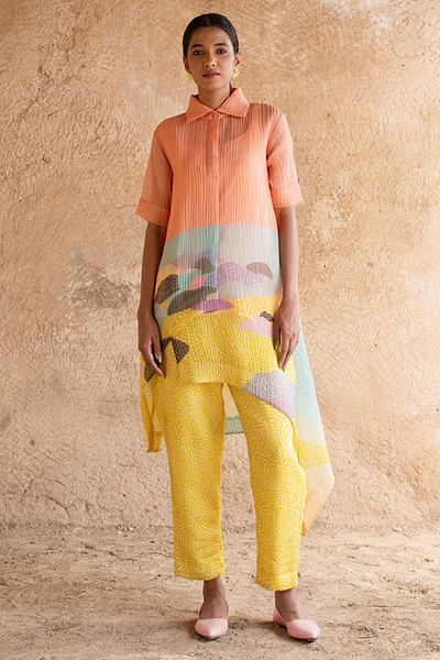 Yellow printed asymmetrical tunic set
